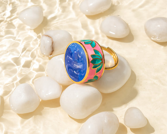 Handmade + adjustable blue and pink lotus ring from DBU