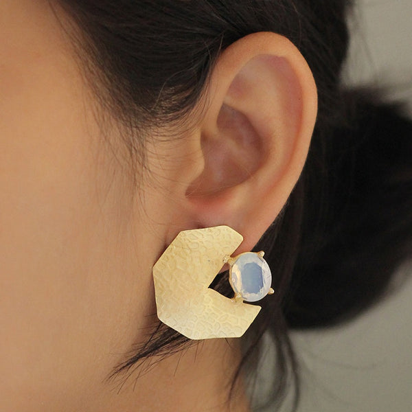 Textured 22ct Gold Plated Ear Studs In White Opal or Quartz