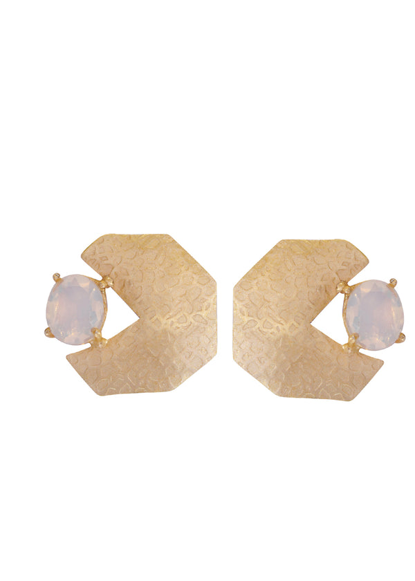Textured 22ct Gold Plated Ear Studs In White Opal or Quartz