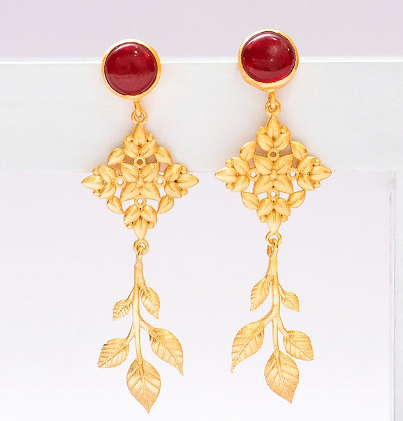 Leaf Drop: 22k Gold Plated Earrings In Green Malachite or Red Ruby - Designs By Uchita