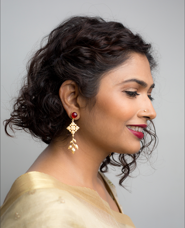 Leaf Drop: 22k Gold Plated Earrings In Green Malachite or Red Ruby - Designs By Uchita