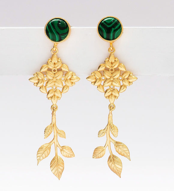 Leaf Drop: 22k Gold Plated Earrings In Green Malachite or Red Ruby - Designs By Uchita