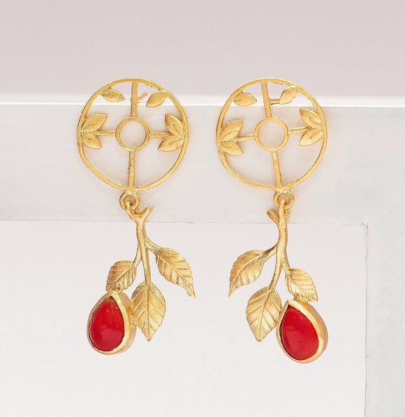 Circular Leaf Drop 22k Gold Plated Earrings