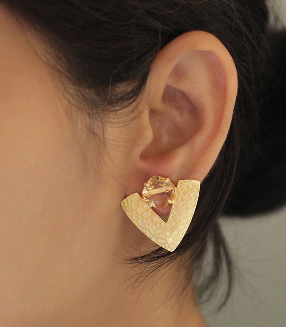 Textured 22ct Gold Plated Ear Studs In White Opal or Quartz